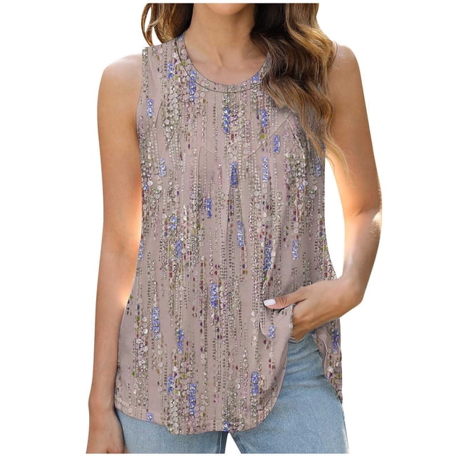 Tank Top for Women Printed Pullover Fashionable Casual Round Neck Top