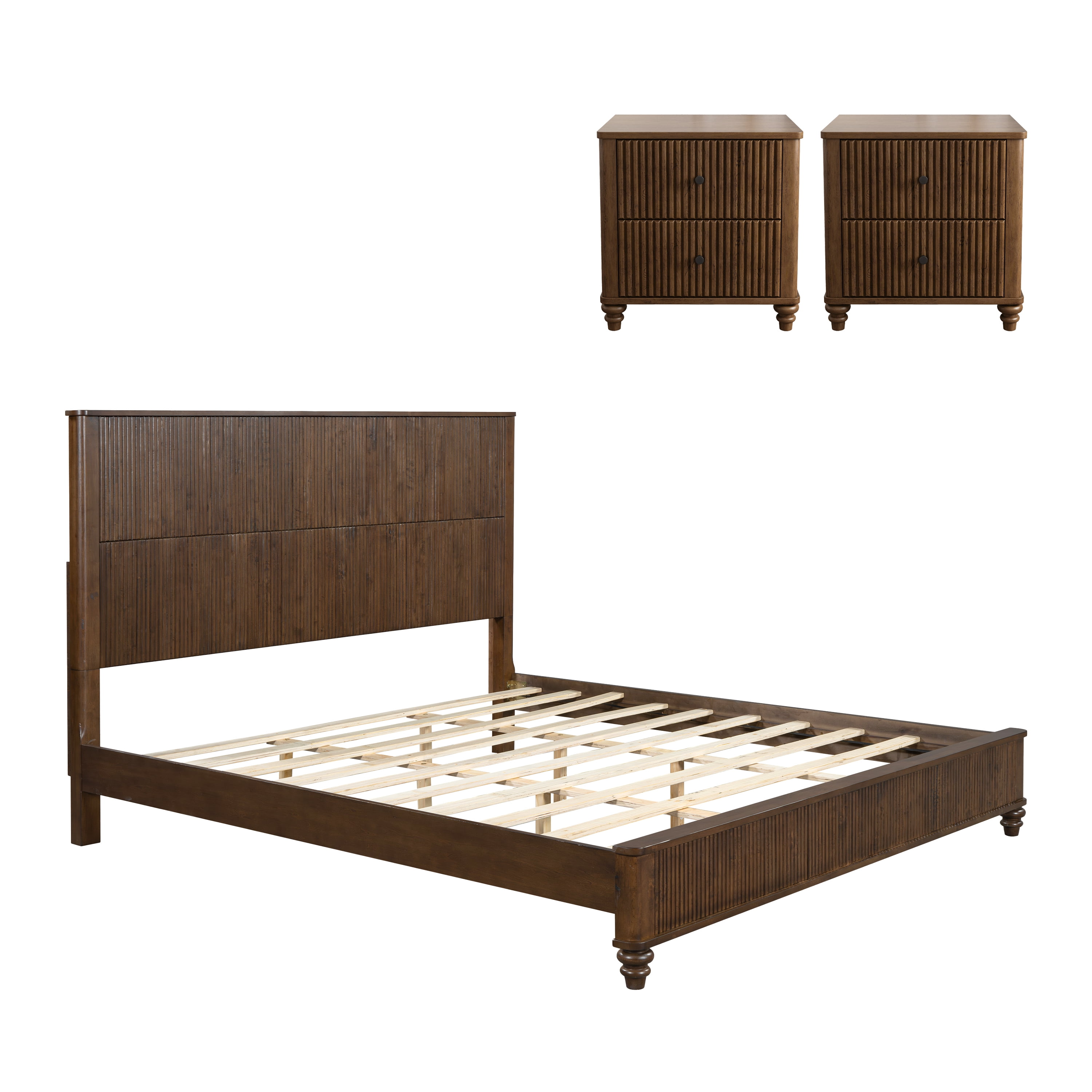 M Mintazer 3-Piece Bedroom Set with Farmhouse King Size Platform Bed and 2 Storage Nightstands for Bedroom, Brown