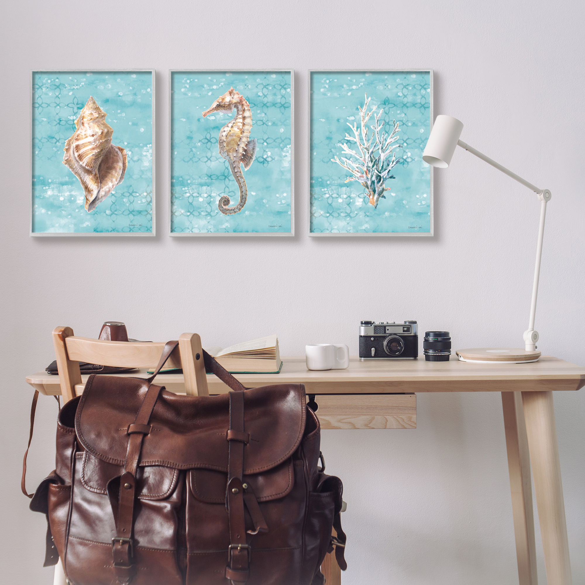 Stupell Industries Turquoise Sea Life Animals & Insects Painting Gray Framed Art Print Wall Art, 16 x 20, Set of 3