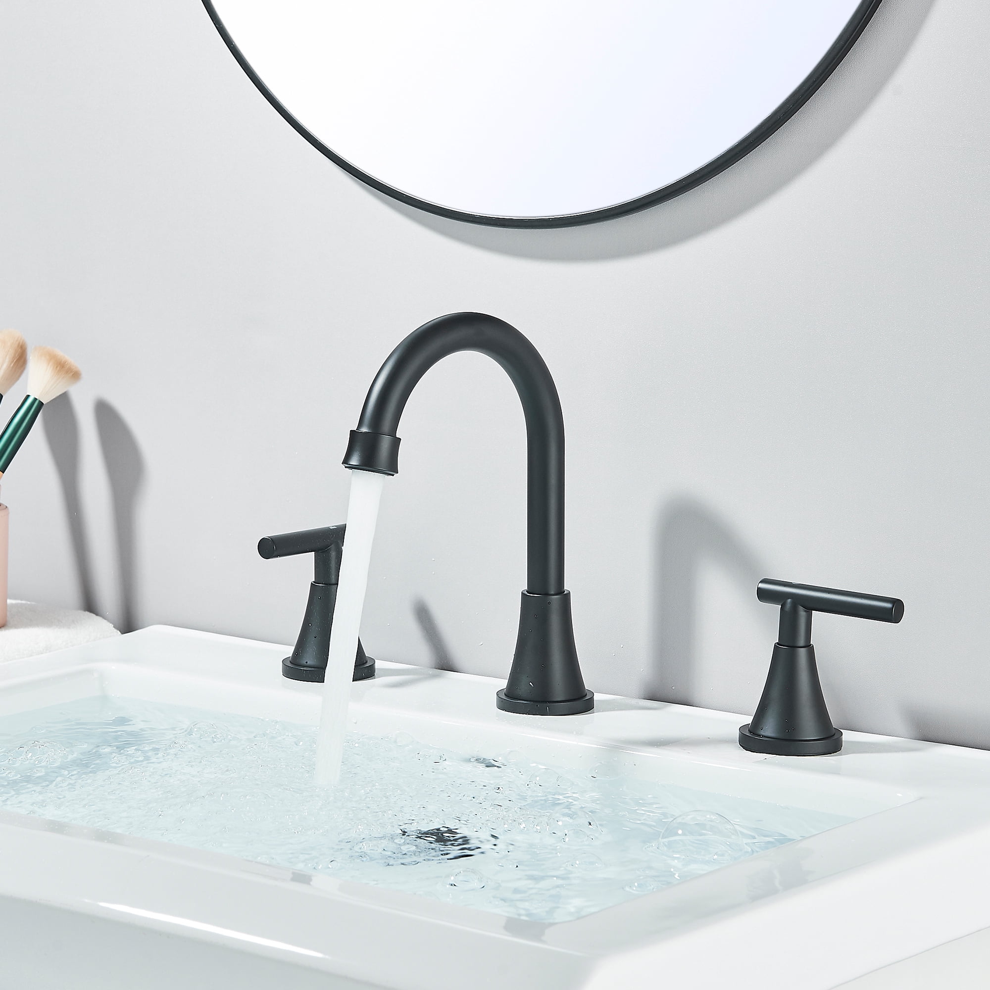 Zovajonia Matte Black  Bathroom Faucet 3 Hole Vanity, 2 Handle 360° Swivel 8 Inch Widespread Bathroom Sink Faucet , with Pop-up Drain, Supply Lines