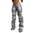 thumbnail image 1 of Pantalones Y2K Fashion Wrinkle PU Faux Leather Sexy Cintura baja Street Shot Pantalones rectos Ygjytge para Mujer Plata T XXL, 1 of 9