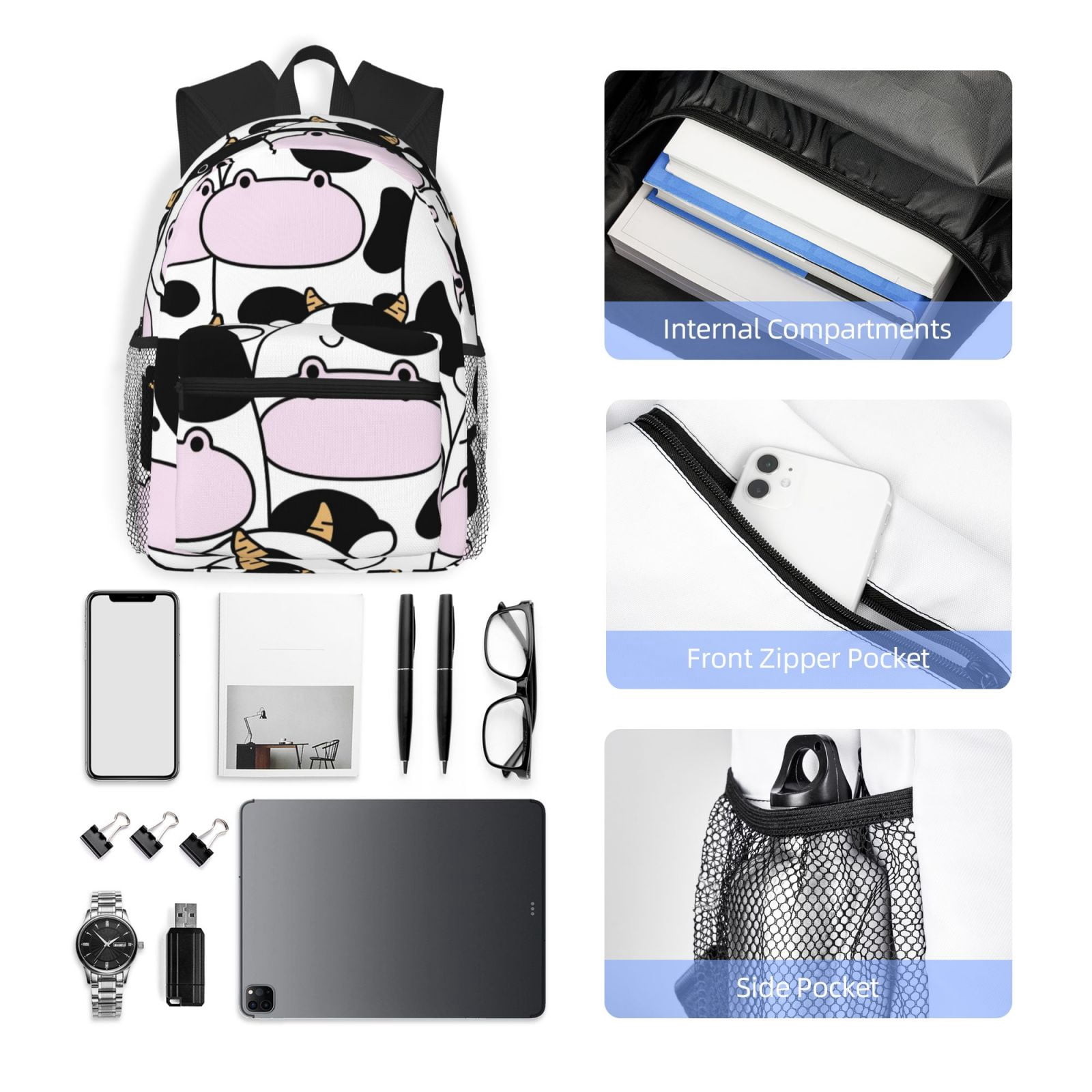 Vsdgher Cute Animal with Cow Print Unisex Large Capacity Bookbag Schoolbag Casual Daypack for High School/College/Teens/Travel/Work