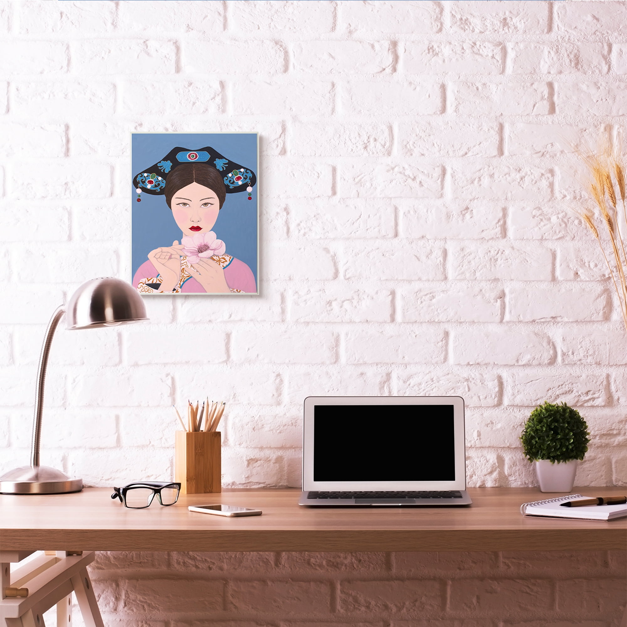 Stupell Industries Chinese Woman And Flower Pink Blue Painting Wall Plaque by Sally B