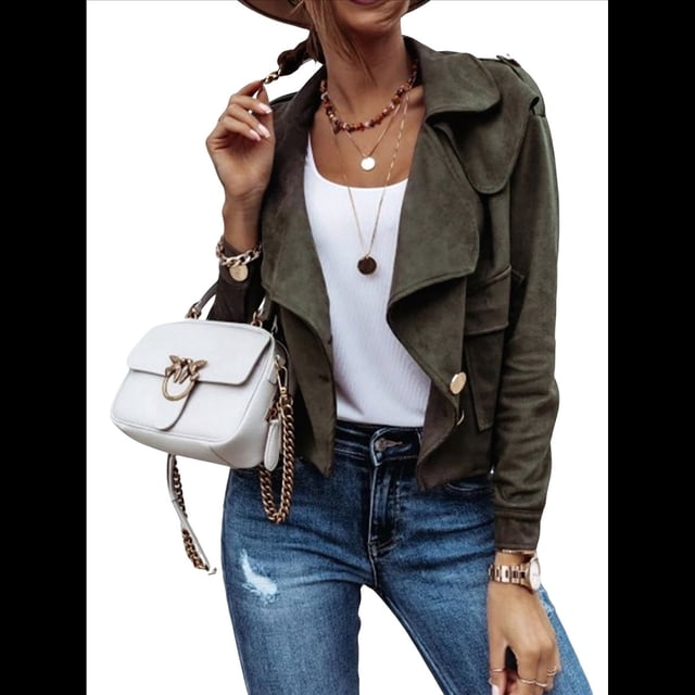 Chaqueta Corta de Larga con Solapa para Mujer, Otoño-Invierno, Color Liso, con Botones de Piel de Ciervo Verde Oscuro XXL