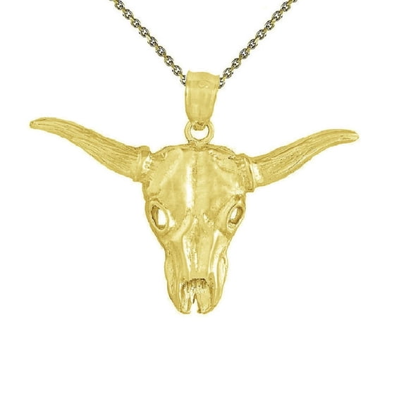 925 Sterling Silver Yellow Gold Plated 1mm Cable Chain Necklace w/ Bull Skull Pendant Charm
