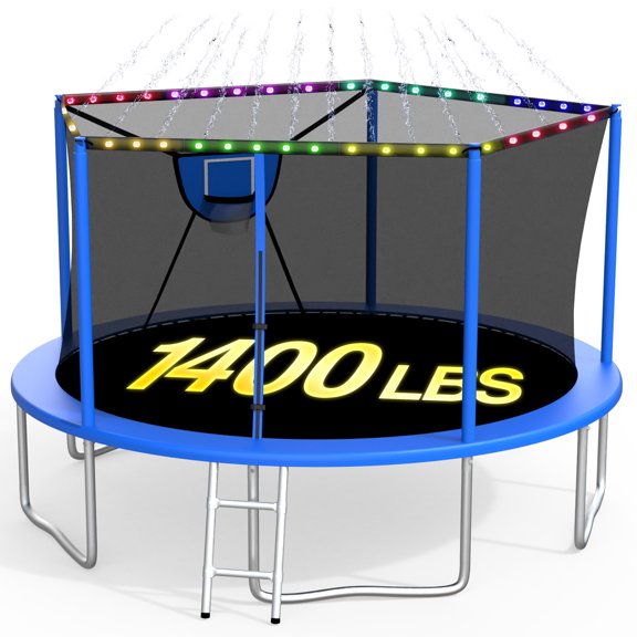 XMIKA 1400LBS 14FT Trampoline, Outdoor Trampolines for Kids with Enclosure Net, Trampoline with Basketball Hoop, Light, Sprinkler and Ladder, Heavy Duty Backyard Trampoline, Round Trampolines