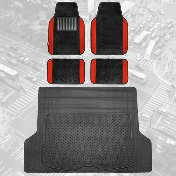 FH Group, Red Black Carpet Floor Mats Trunk Cargo Liner Set Heavy Duty