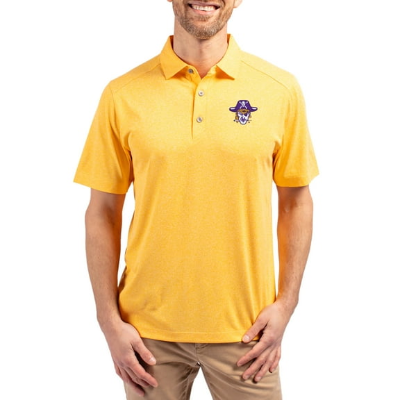 Men's-Cutter & Buck  Heather Gold ECU Pirates Forge Eco Stretch Recycled Polo
