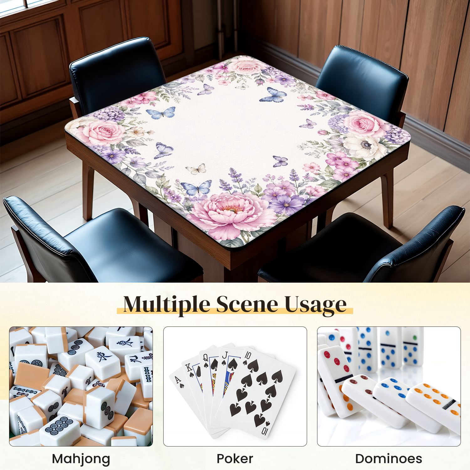 Mahjong Mat 31.5" x 31.5" Floral Frame Pink Roses Purple Hydrangeas Lavender Blue Butterflies Non-Slip Noise Reduction Mahjong Tiles Table Cover for Dominoes Poker Card Board and Tile Games