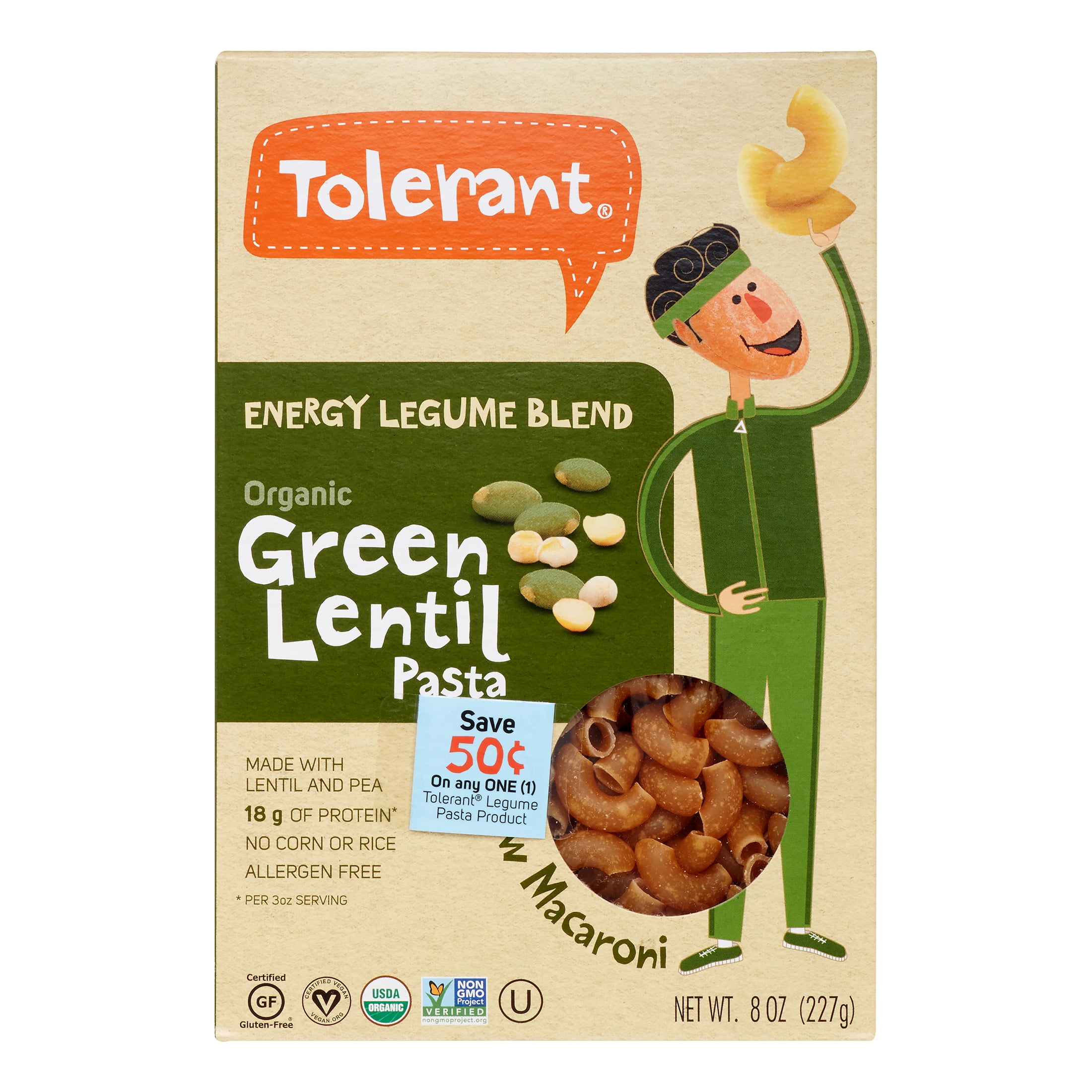 Tolerant Organic Green Lentil & Pea Pasta, Macaroni, 8 Oz