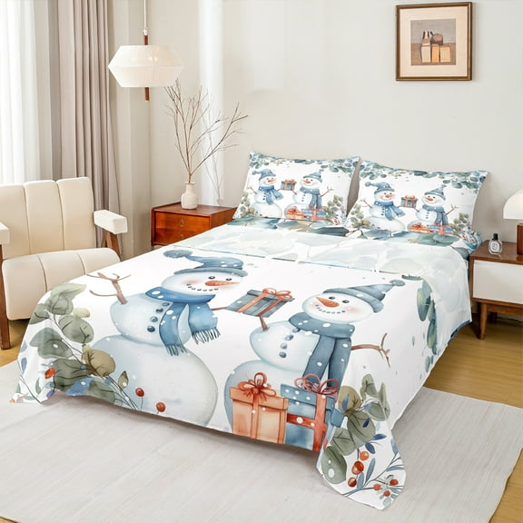 Manfei Kawaii Snowman Twin Sheet Sets for Kids, Winter Leaf Botanical Twin Fitted Sheet, Merry Christmas Flat Sheet, Super Cozy Room Decor, 3-Piece