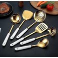 thumbnail image 3 of Juego de siete piezas de utensilios de cocina de acero inoxidable (oro blanco). Juego de 7 utensilios de cocina con estante colgante. Incluye cuchara ranurada, espátula ranurada, cuchara grande., 3 of 5