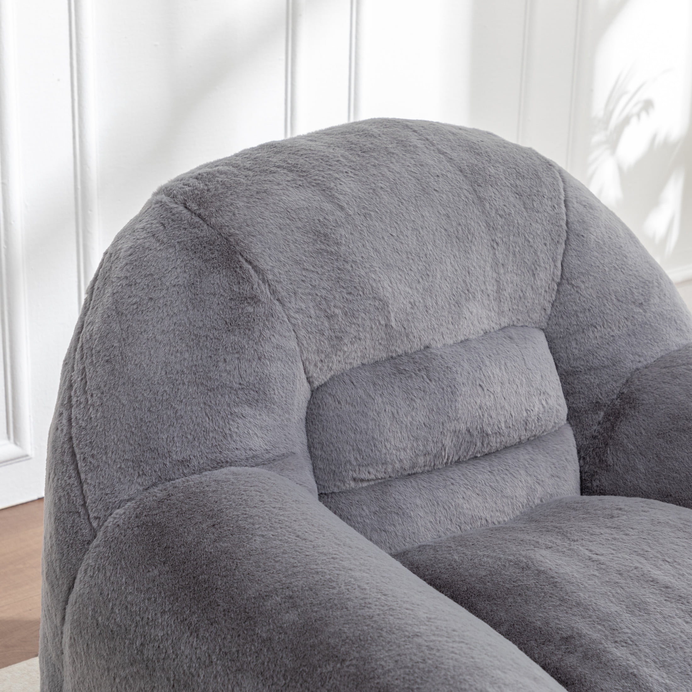 Noble House Elijah Faux Fur Bean Bag Chair with Ottoman Set, Comfy Stuffed Floor Lounge Sofa with Back Support, Dark Gray