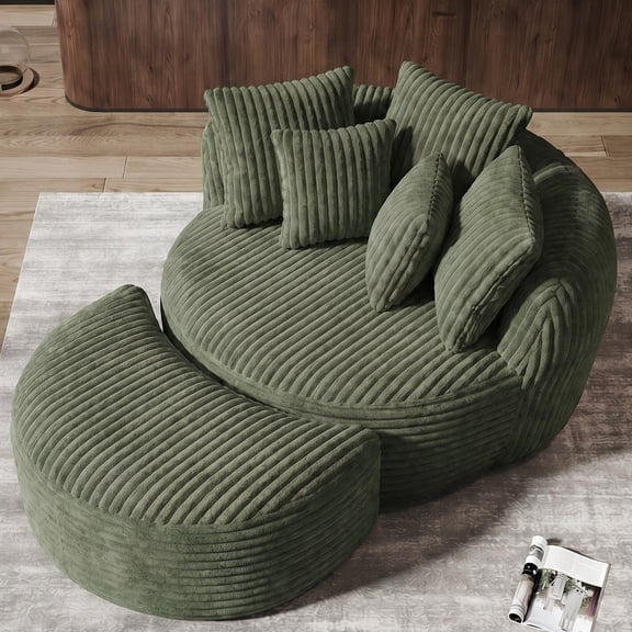 Wiilayok 50.5" W Oversized Chaise Lounge Indoor Chair, Round Cloud Couch with Ottoman, Thickened Backrest & 5 Pillows for Living Room Reading Bedroom, Corduroy Olive Green