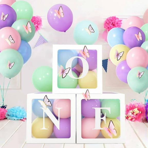 Neasyth First Birthday Decorations For Girl, 3 Pcs ONE Balloon Boxes For 1st Birthday - 30 Balloons - 15 Butterfly Decor, Clear Cube Blocks 'ONE' Letters as Cake Smash Photoshoot Props Backdrop