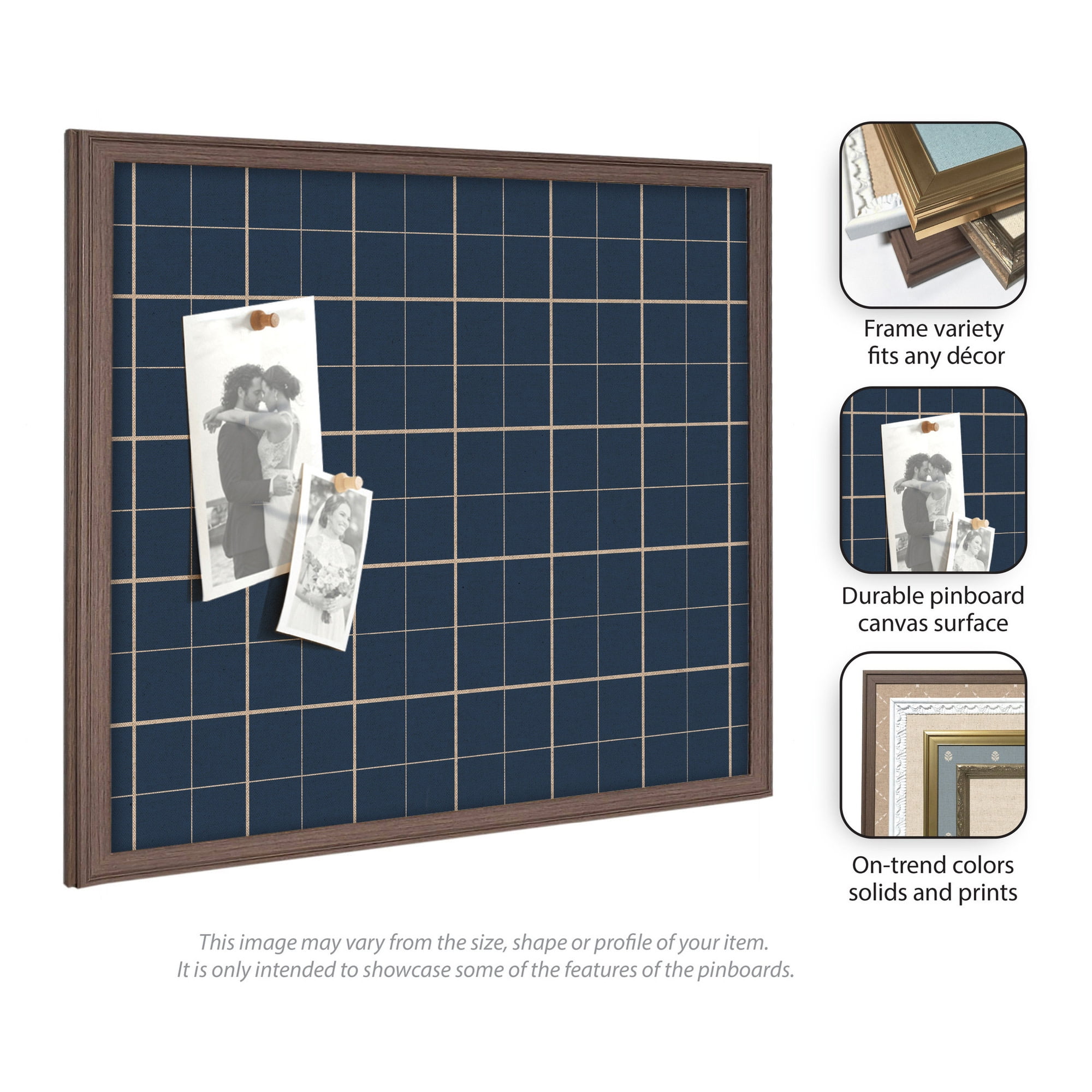 Kate and Laurel Framed Fabric Pinboard 38 x 26, Navy Blue Plaid Printed Linen Classic Bulletin Board for Use as a Vision Board or Wall Organization, Florence Medium Brown Frame