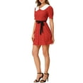thumbnail image 4 of INSPIRE CHIC Robe-Chemise Courte à Manches Courtes pour Femme, Coupe Évasée, Col Contrastant, TP, Rouge, 4 of 7