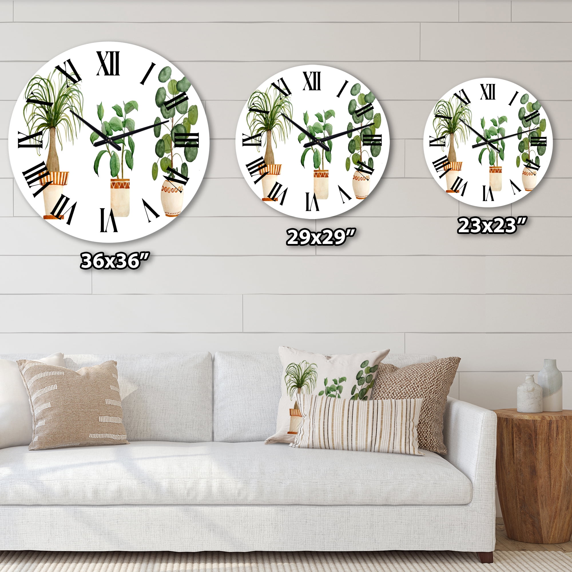 Designart 'Trio Of House Plants Ponytail Palm And Ficus' Traditional Wall Clock
