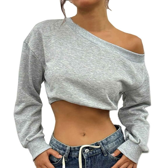 PMVFHDE Women's Spring Summer Off Shoulder Cropped Ribbed Sweatshirt, Short Long Sleeve Casual Top Light Gray,L