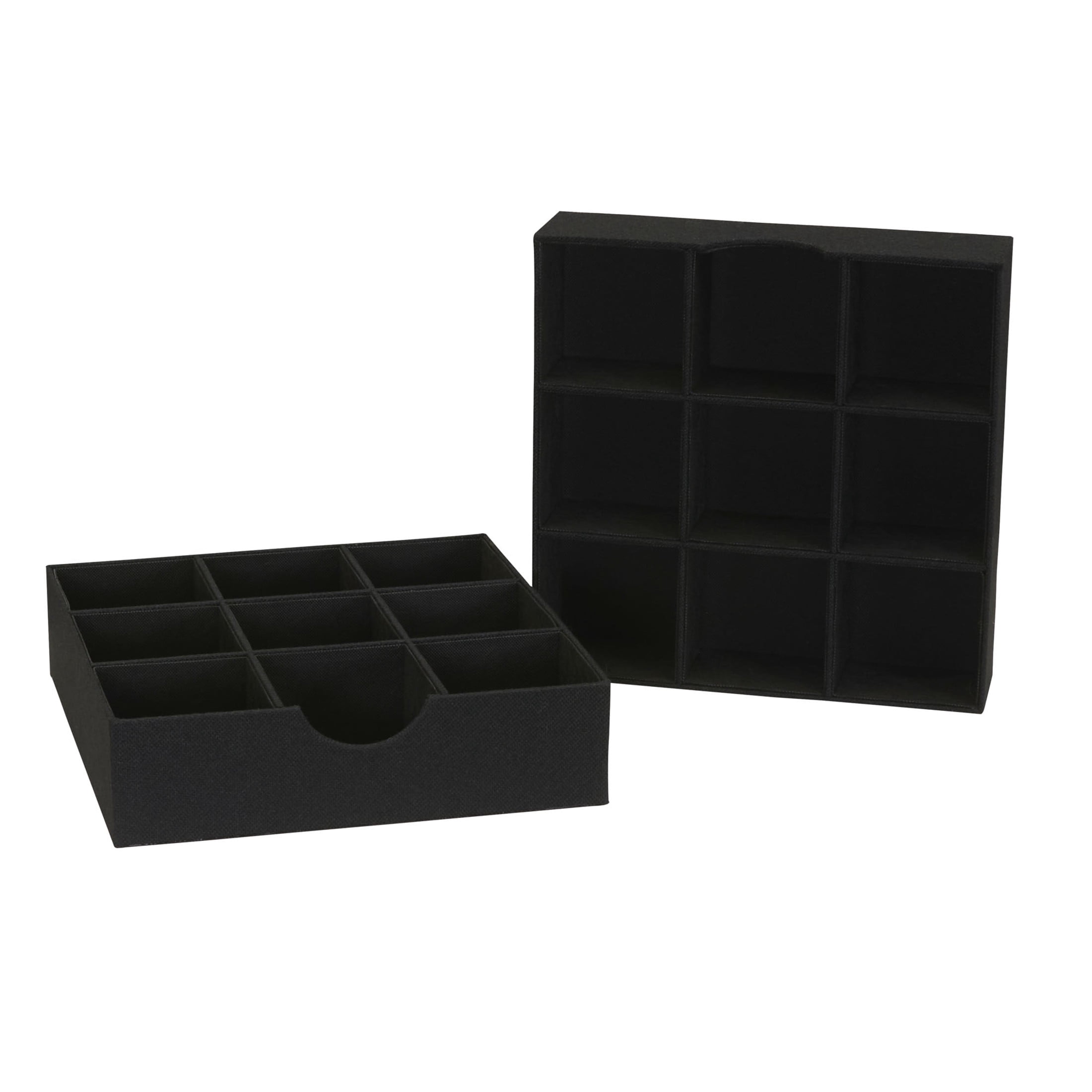 Household Essentials 9-Compartment Drawer Organizers, Pack of 2, Sturdy Chipboard With Soft Polyester Cover, Convenient and Stylish Storage Solution, 3” H x 12” W x 12” D, Black Linen