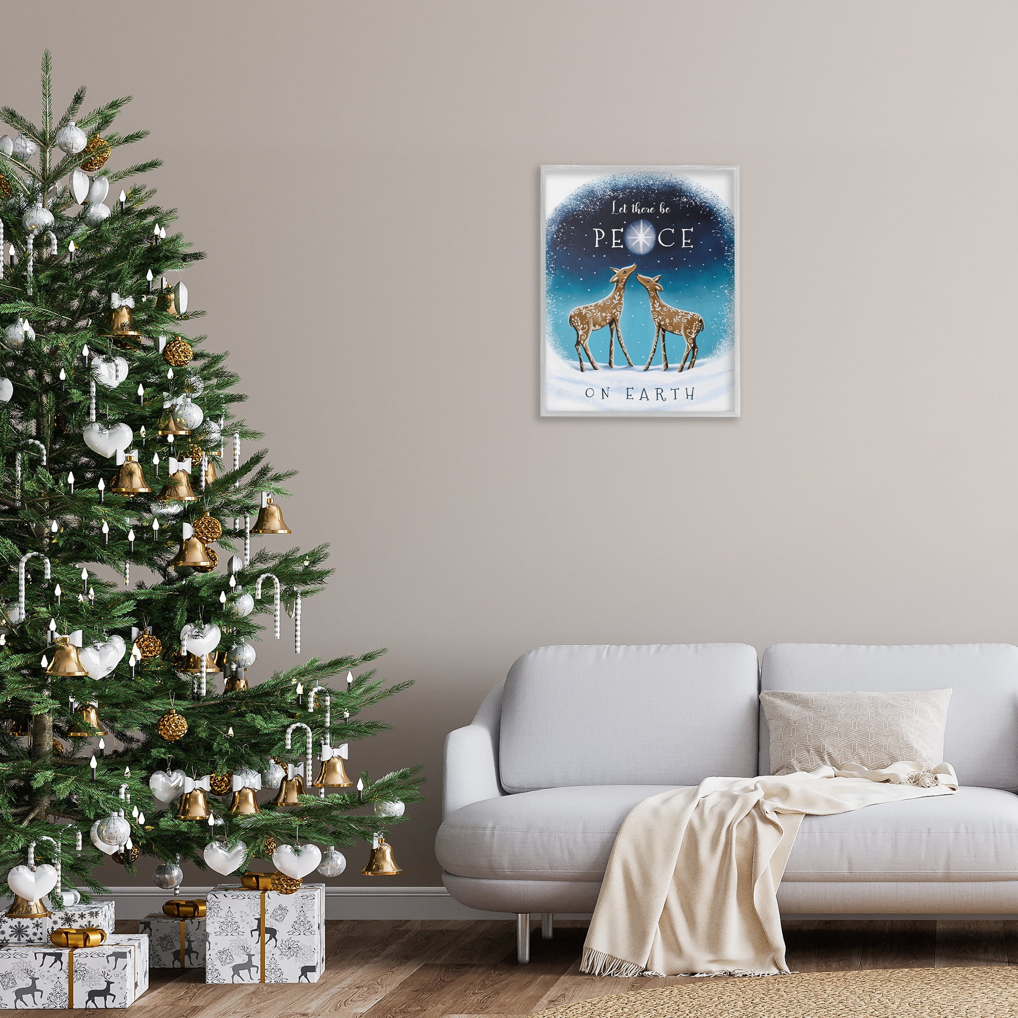 Stupell Industries Peace On Earth Reindeer Holiday Painting Gray Framed Art Print Wall Art, 24 x 30