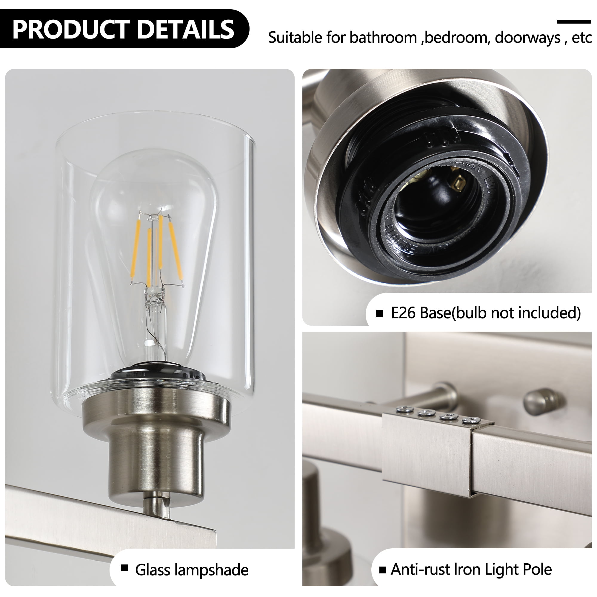 Leumius Modern 4-Light Bathroom Vanity Light Fixture - Brushed Nickel Finish with Clear Glass Shades, Perfect for Bathroom, Vanity and Dressing Area Lighting (No Bulbs)