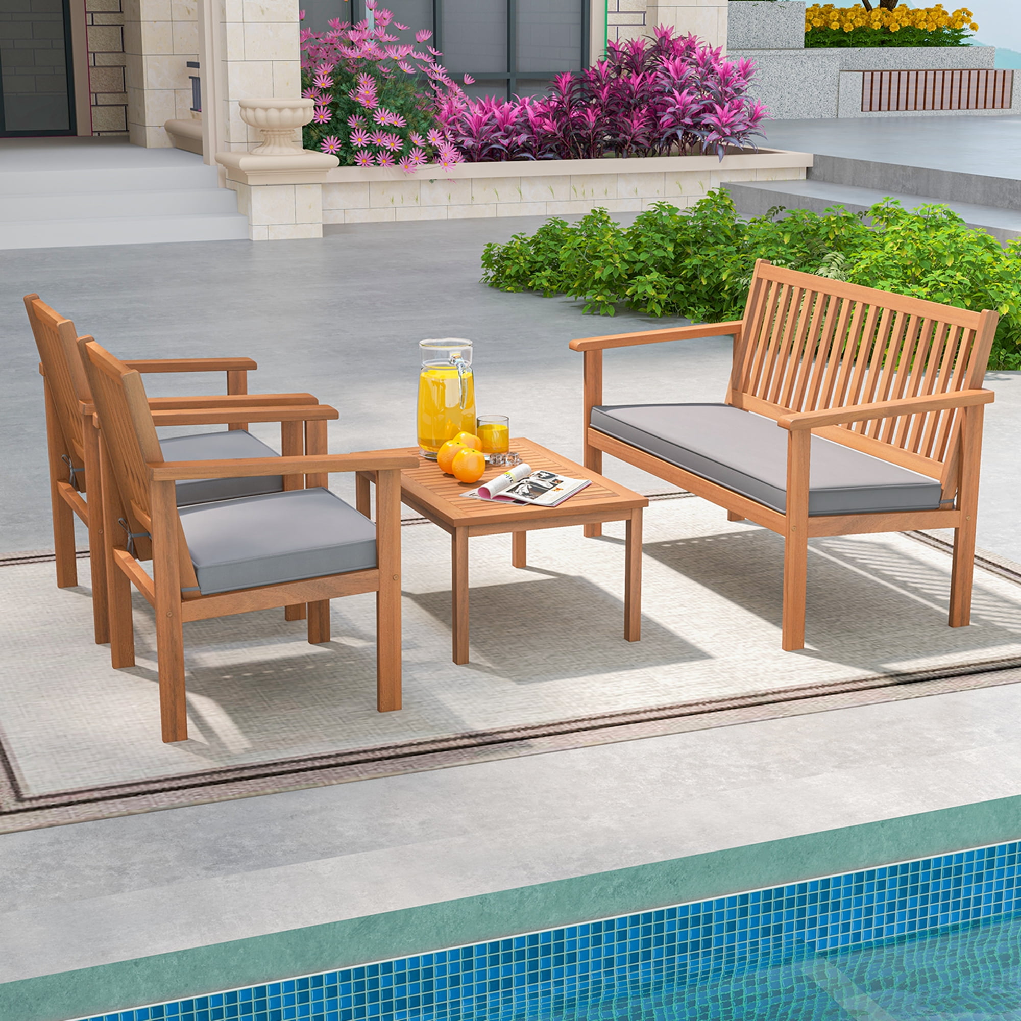 Costway 4 Pieces Patio Wood Furniture Set with Loveseat, Gray