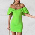 thumbnail image 2 of Vestido plisado con mangas de volantes de algodón Ropa de vacaciones ajustada de color sólido para mujer FLhrweasw Nuevo, 2 of 9