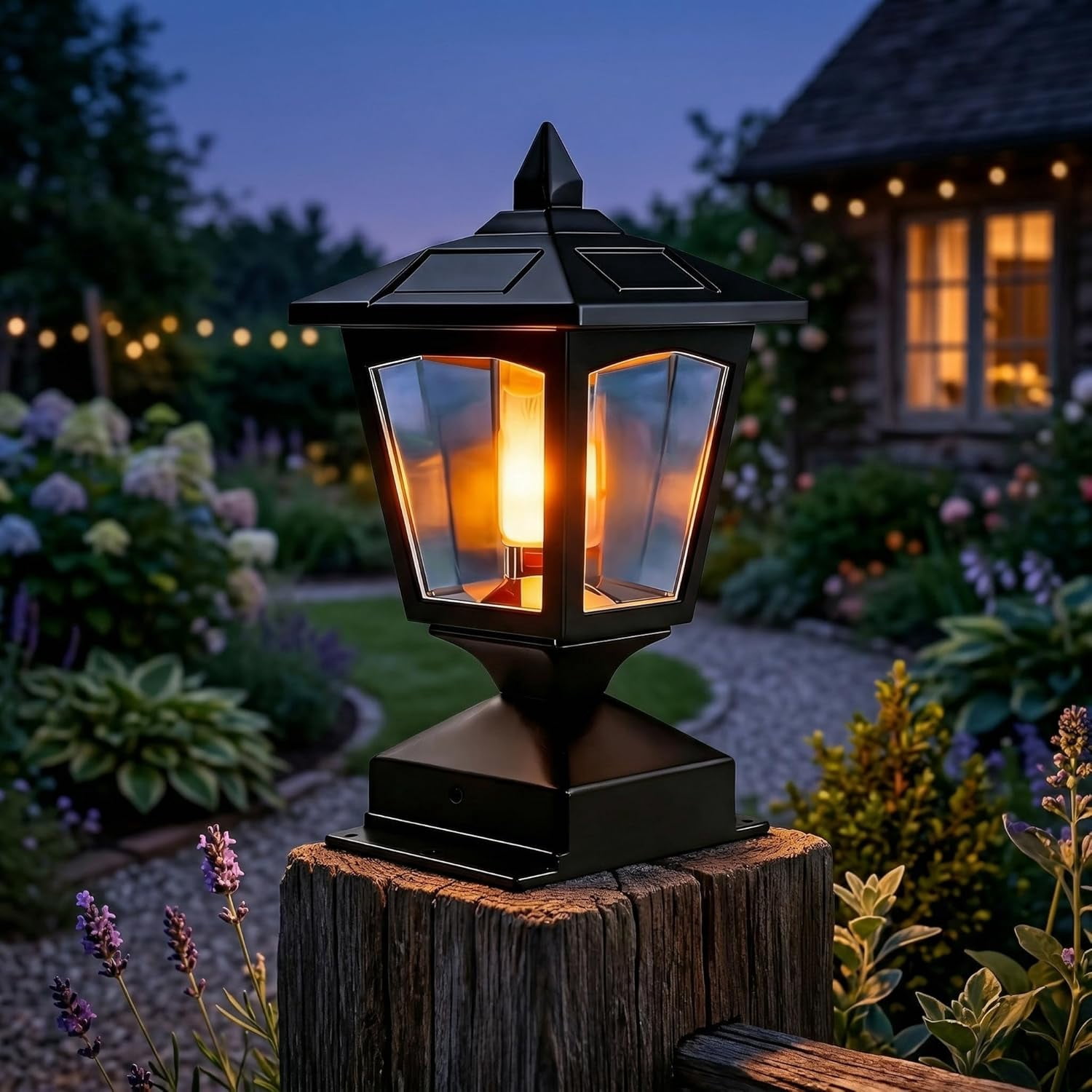 4X4 5X5 6X6 Solar Powered Post Cap Light, Outdoor Lantern, Black, Warm Flame Effect, Garden Fence Pillar Lamp