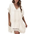 thumbnail image 2 of COMVALUE Women V Neck Swimsuit Cover Ups Crochet Swim Coverup Hollow Out Summer Beach Cover Up Dress (One Size, Beige), 2 of 7