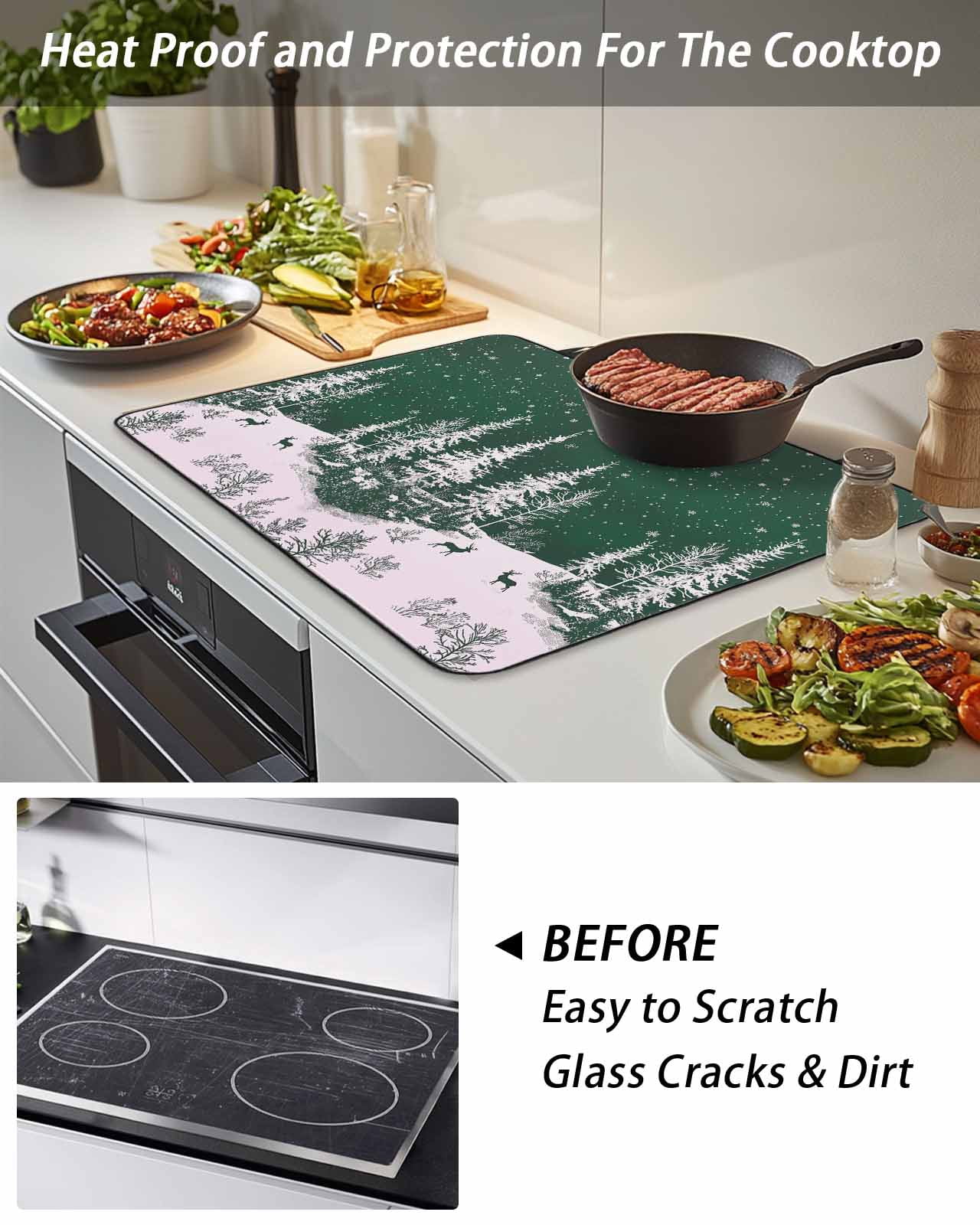 Christmas Snowflake Stove Top Covers for Electric Stove, 28'x20'' Elk Pine Trees Winter Deep Green Glass Ceramic Stove Cover Foldable Rubber Mat Heat Resistant Cooktop Protector for Kitchen
