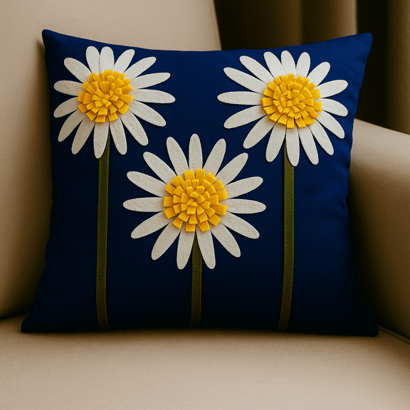 Fennco Styles Handmade 3D Sunflowers Cotton Canvas Decorative Throw Pillow Cover 18" W x 18" L - Navy Blue Floral Cushion Case for Couch, Bedroom and Living Room Décor