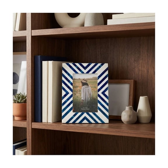 Rectangular Modern Resin and Wood Decorative Picture Frames for Tabletop Decor - Photo Wall Display with Chevron Inlay Design and Glass Front - Accent for Shelves, Desks or Consoles - 9", Blue