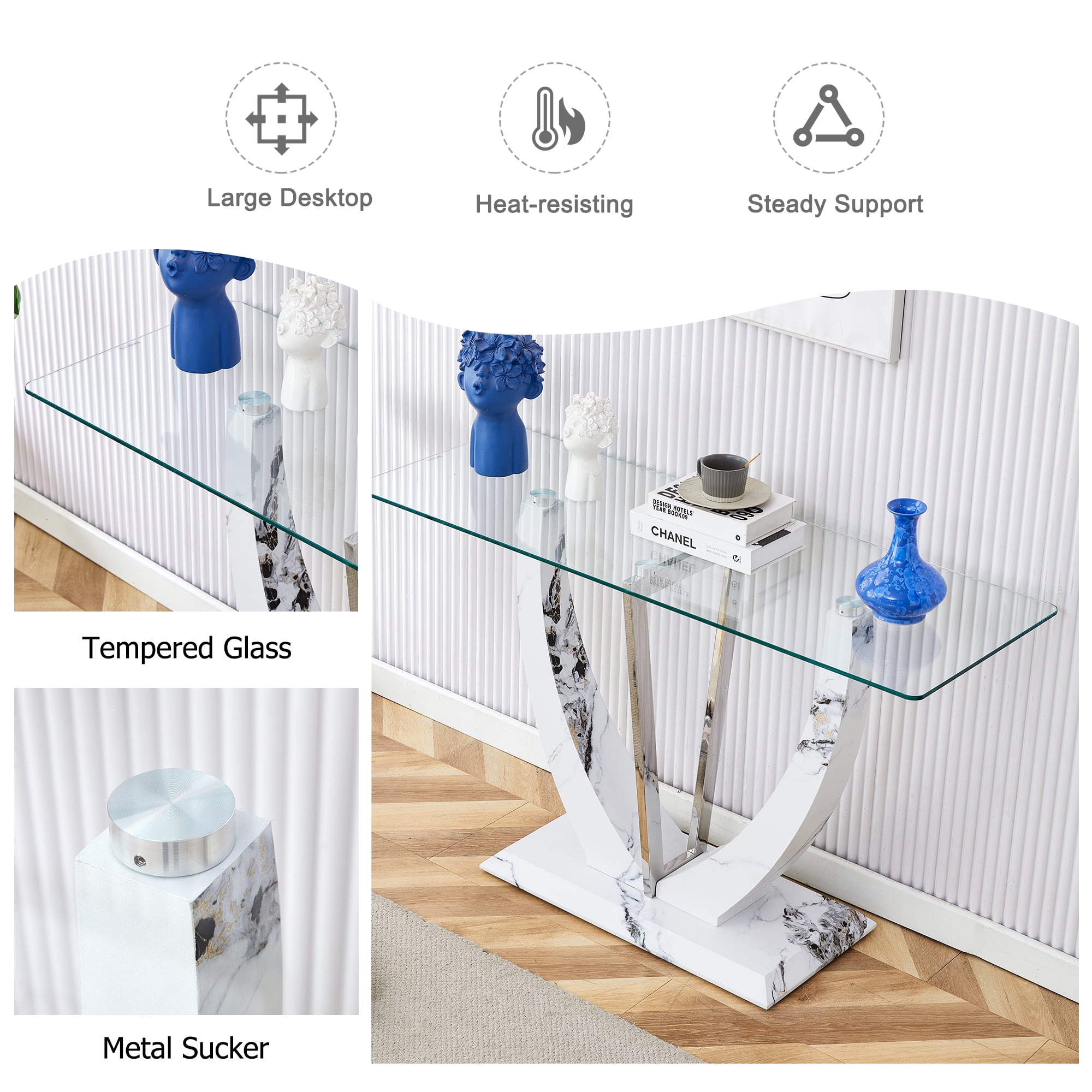 Modern Entryway Table, Glass Entrance Sofa Table with Oval Frames and White Marbling MDF Base, Tempered Glass Console Table for Living Room, Entryway, Hallway, Bedroom (White Marbling, Clear Glass)
