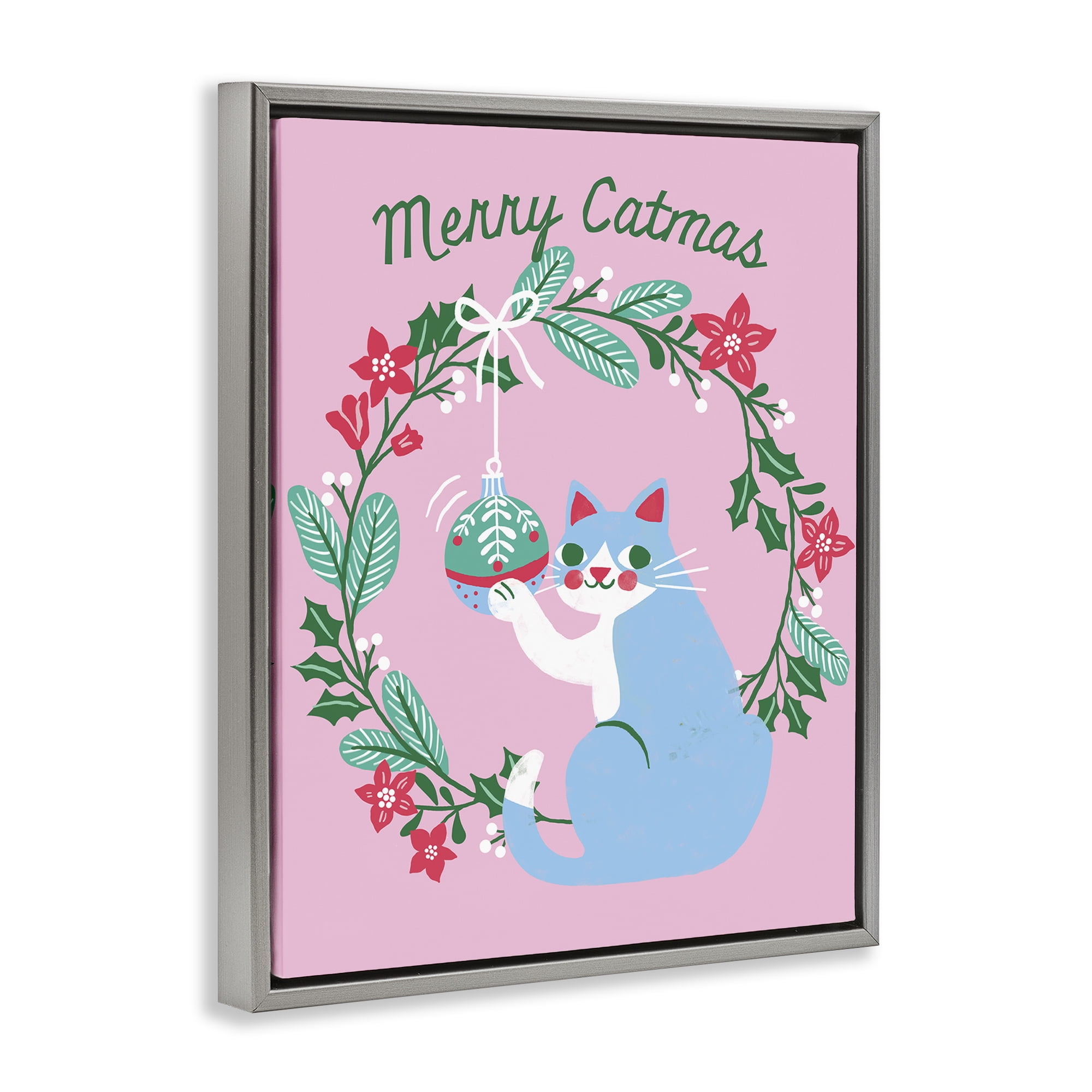 Stupell Industries Merry Christmas Pink Cat Holiday Painting Gray Floater Framed Canvas Art Prints Wall Art, 17 x 21
