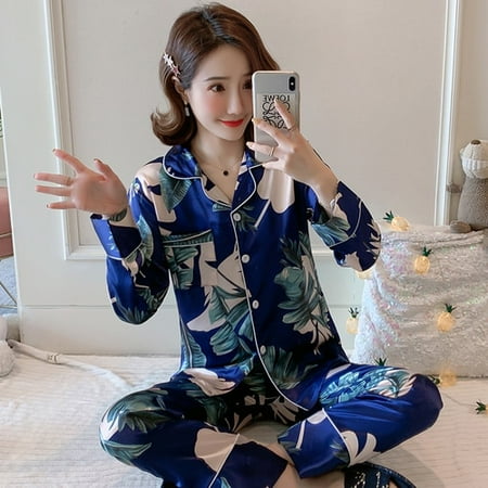 

DanceeMangoo Women Sleepwear spring Pajamas Set for women Fake Silk Print Sweet Pijama Set Girl Nightgown Loose Waist Long Pant Silk Pajamas