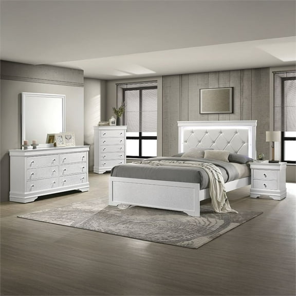Blaze Modern Style Twin 4PC bedroom set made with Wood & LED Headboard in White