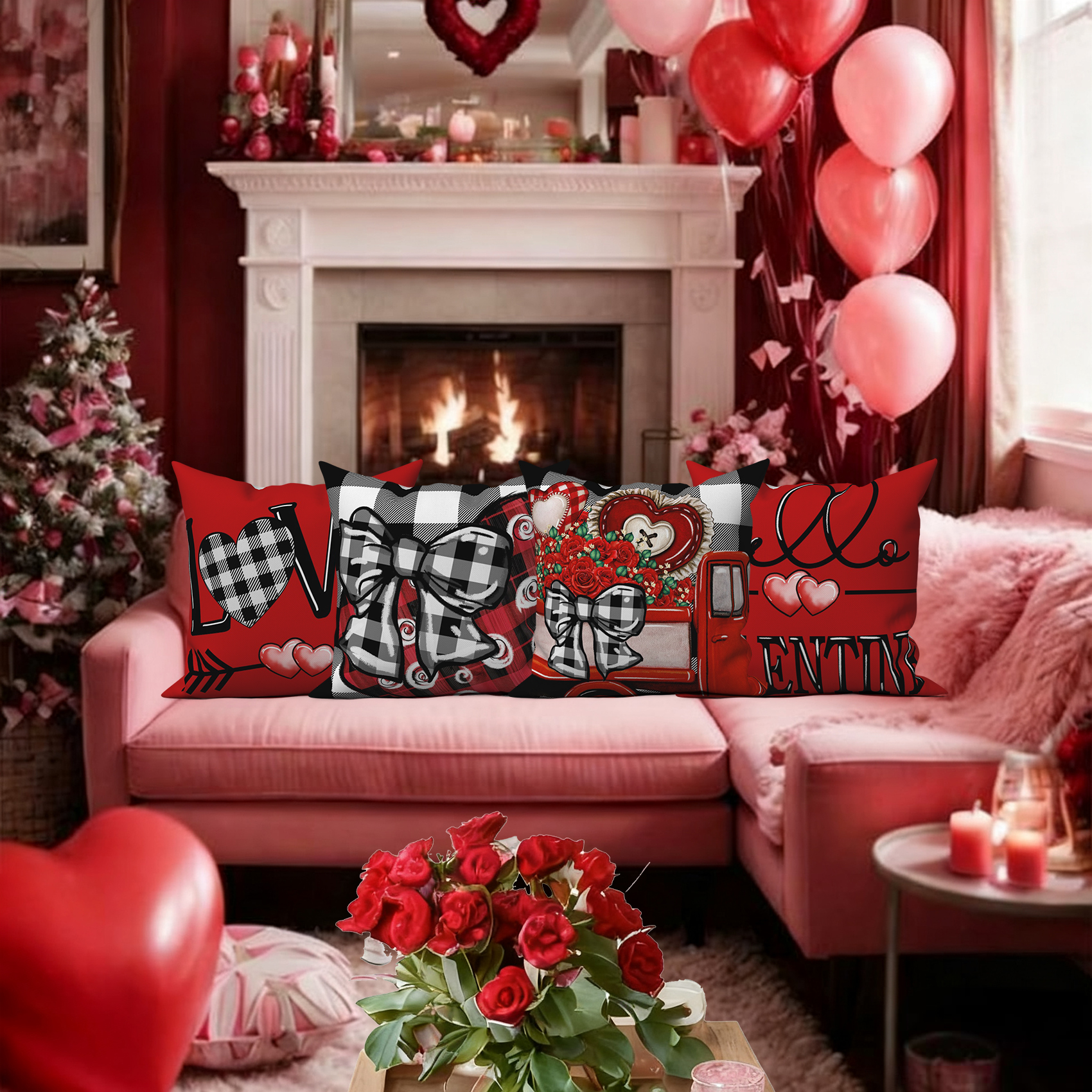 Valentines Throw Pillow Cover for Home Decor Red Love and Truck Linen Decorative Pillowcase 20x20,Set of 4