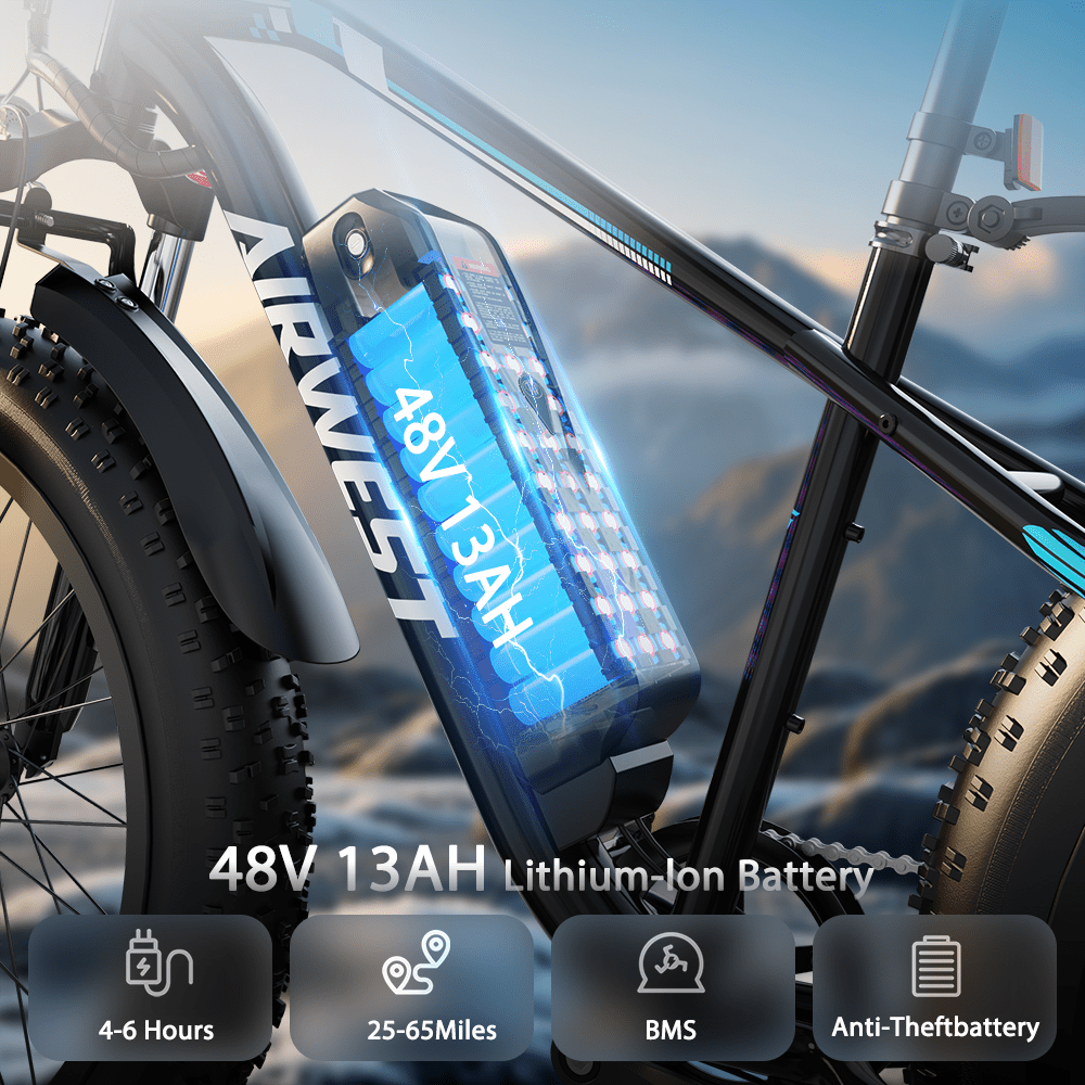 AIRWEST 26" Men's Electric Mountain Bike - 500W Motor, 48V 13Ah Removable Battery, 7-Speed Fat Tire E-Bike for Snow/Sand/Off-Road - UL2849  - Max 25MPH