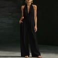 thumbnail image 2 of XPMWRP Women's Halter Neck Jumpsuit High Waist Wide Leg Casual One Piece Outfit with Pockets V Neck Jumpsuit for Summer Black M, 2 of 7