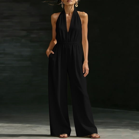 Ounisa Women's Fashion Solid V Neck Sleeveless Halter Neck Pocket Wide Leg Jumpsuit Casual Overall