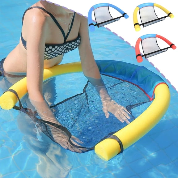 Floating Recliner Swimming Noodle Chair • Foam Pool Float Seat • Airless EPE Buoyancy Support • Mesh Sling Lounge • Yellow Blue Red • 24x21 in
