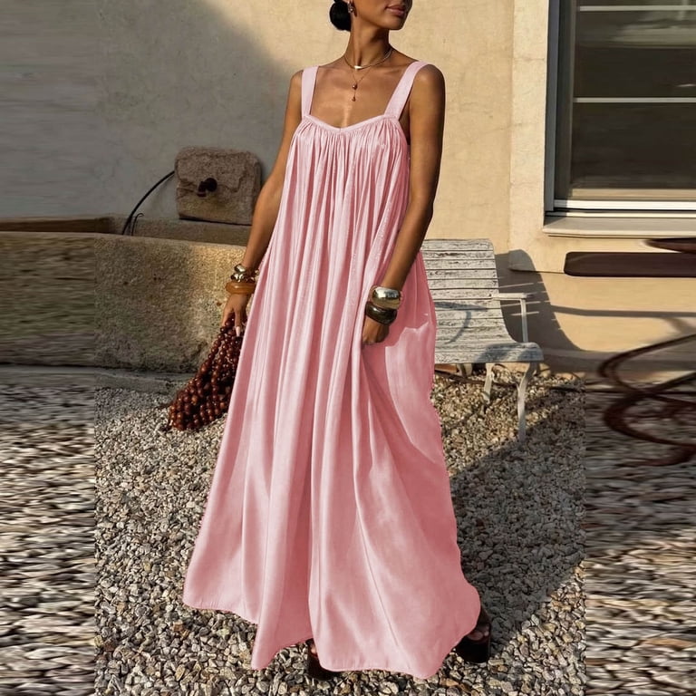 flowy top maxi dress Yangnuo Women's Strapless Tube Top Maxi Dress Casual Flowy Sleeveless  Sundress Pink L