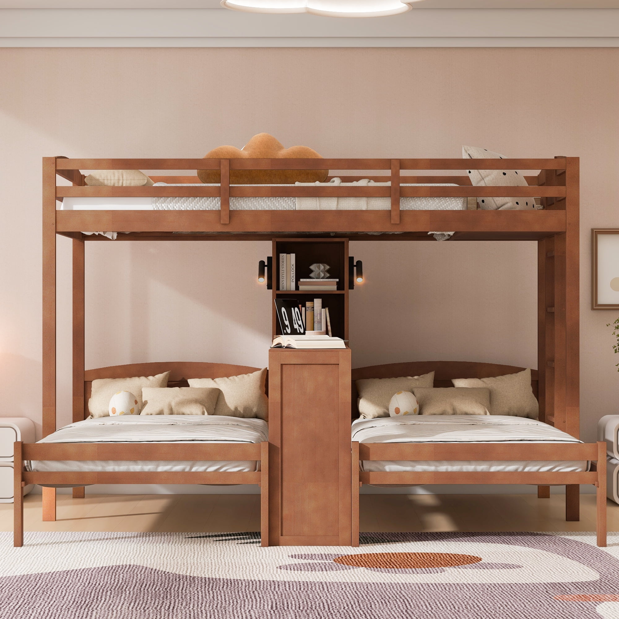 Mintazer Twin over Twin over Twin Bunk Bed with Desk, Bunk Bed with Reading Lamp and Storage Shelves, Brown