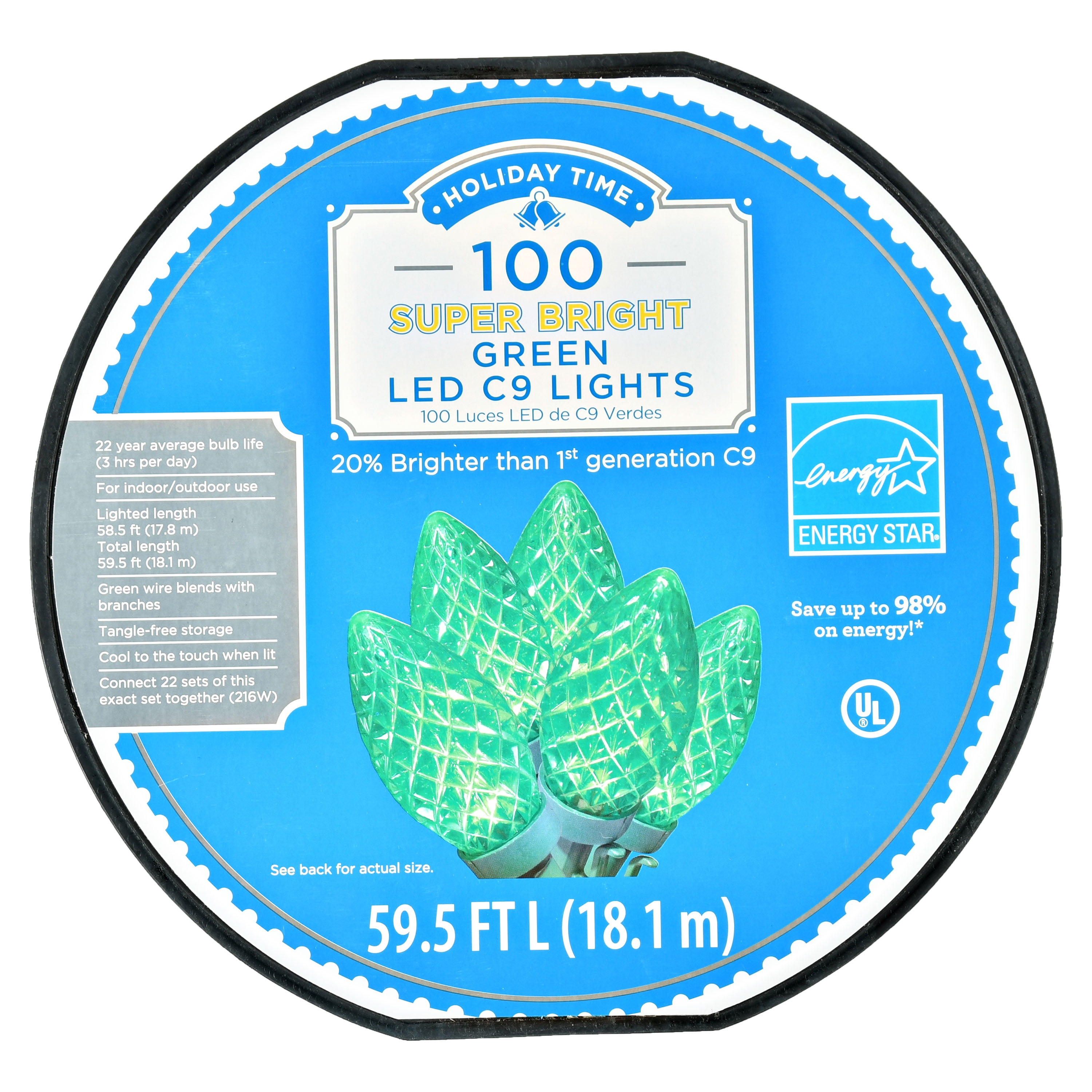 Holiday Time LED C9 Super Bright Light Set Green Wire Green Bulbs, 100