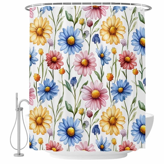 Daisy Fabric Shower Curtain Watercolor Flowers Washable Shower Curtains for Bathroom, Waterproof Bath Curtain with Hooks Home Decor 72x84in