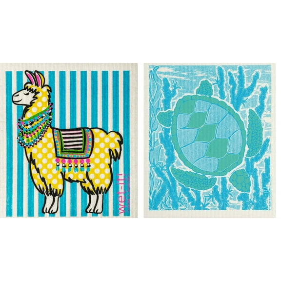 Wet-It! Swedish Treasures Dishcloth & Cleaning Cloth - Set of 2 - Llama & Sea Turtle - (Paper Towel Replacement)