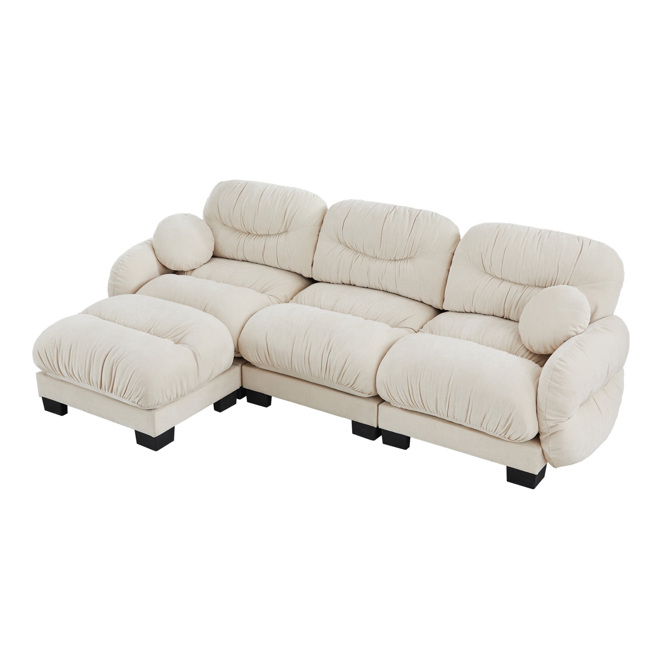 Noble House Corlan Pleated Chenille 3-Seater Sectional Sofa, Modular Deep Seat Couch with Ottoman and Throw Pillows, Beige
