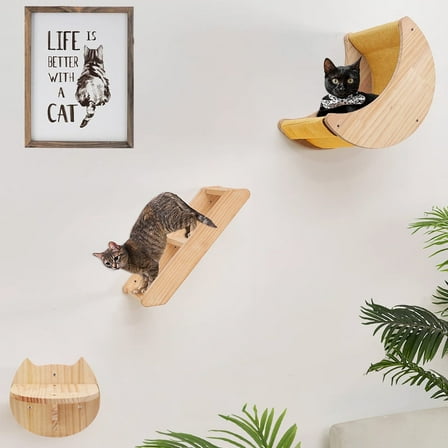 QLFYUU Cat Wall Climbing Shelves Set Yellow Moon Hammock with Beige Shelf Ladder for Indoor Cats