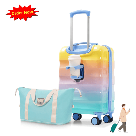 Tcbosik Hardshell Luggage Set with Cup Holder, 20 inch Lightweight Suitcase with TSA Lock and Spinner Wheels, Trolley Case with Travel Bag, 2-Piece Set, Blue & Orange